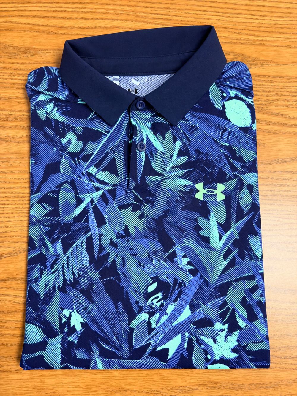 Under Armour Men's Large Polo Shirt Blue Navy Mint Tropical Print Golf Performan